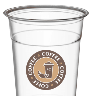 16ozplasticcup Clear custom printed PET plastic cups filled with iced coffee and matching dome lids